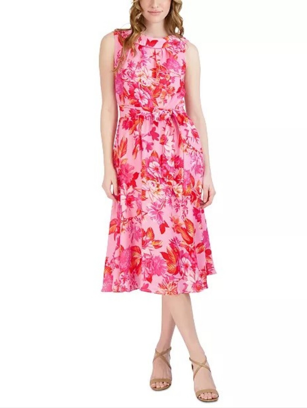 NWT Donna Ricco Pink Floral Tie-Waist Midi Dress, Sz 8